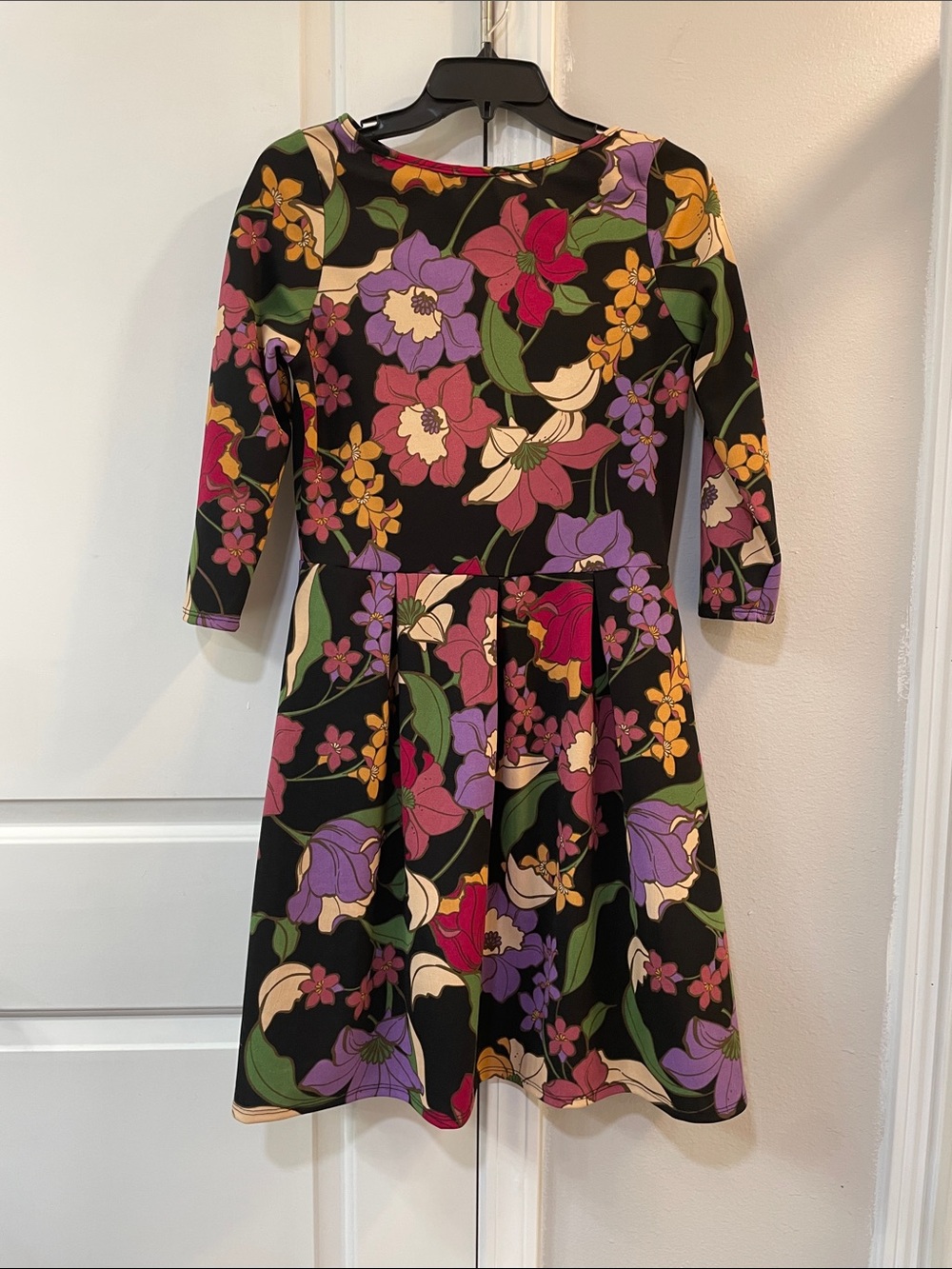 Floral Fit-and-Flare Dress in Black with Multicolor Blooms 3/4 sleeve